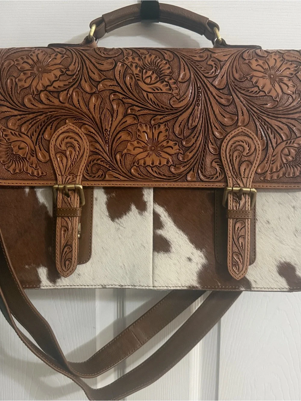 Hand-Tooled Brown Leather & Cowhide Messenger Bag. NWOT